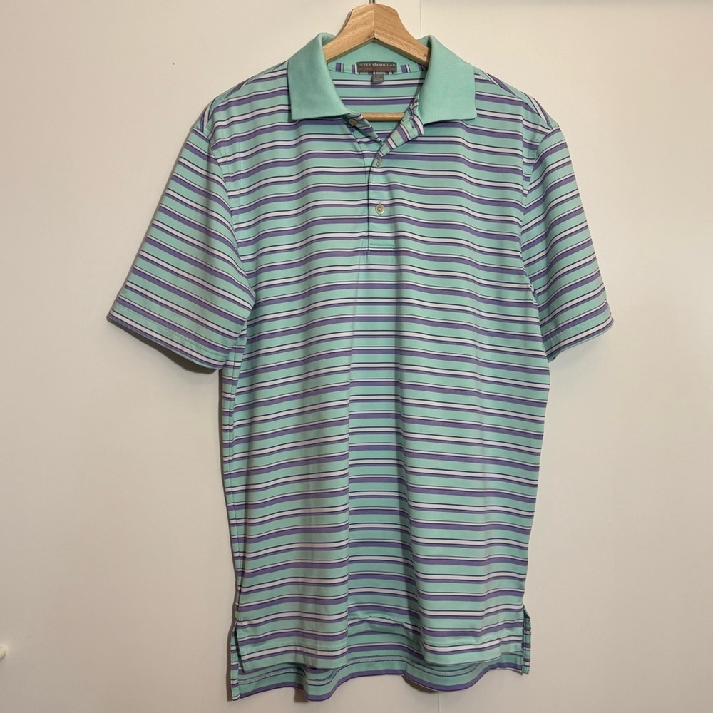 PETER MILLAR Men's Striped Polo Shirt - Mint Green and Purple